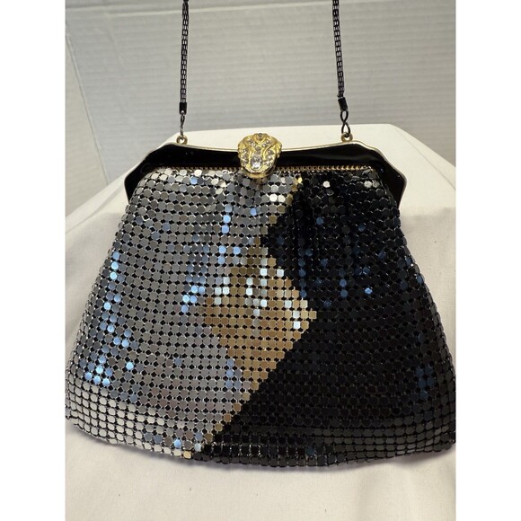 Vintage Black Silver Gold Metallic Zippered Evening Bag Purse Chain Strap - Picture 1 of 11
